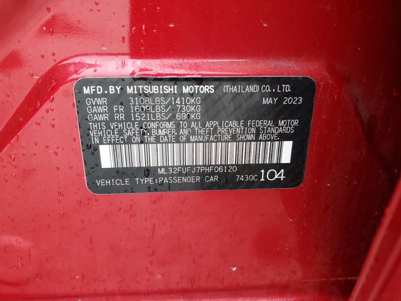 2023 MITSUBISHI MIRAGE G4 ES VIN:ML32FUFJ7PHF06120