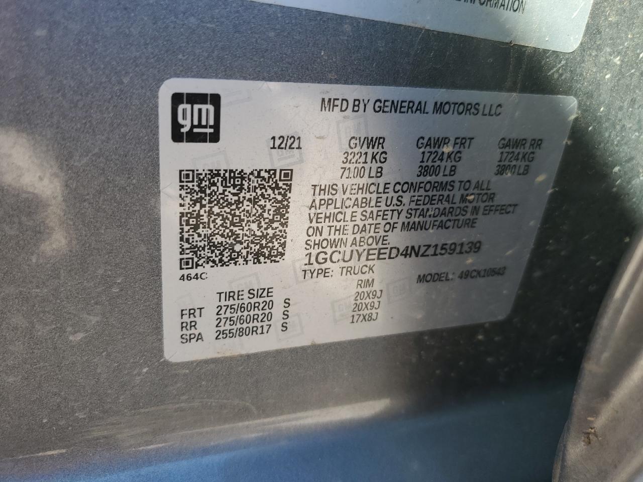 2022 CHEVROLET SILVERADO LTD K1500 RST VIN:1GCUYEED4NZ159139