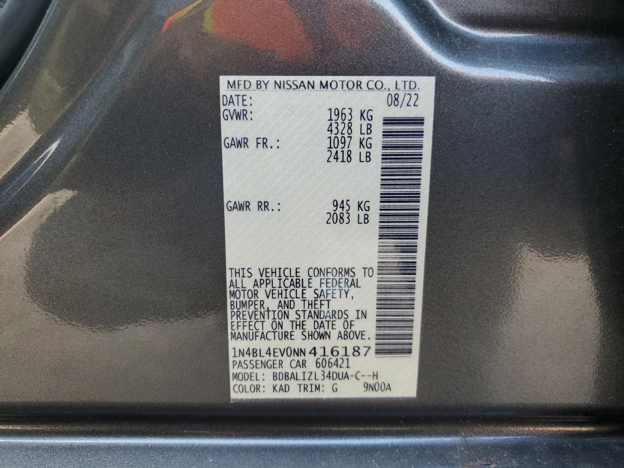 2022 NISSAN ALTIMA SL VIN:1N4BL4EV0NN416187