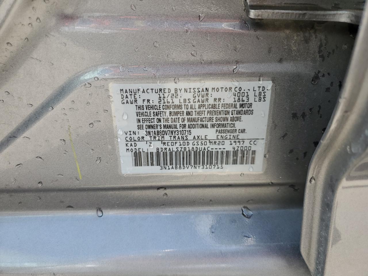 2022 NISSAN SENTRA SR VIN:3N1AB8DV7NY310715