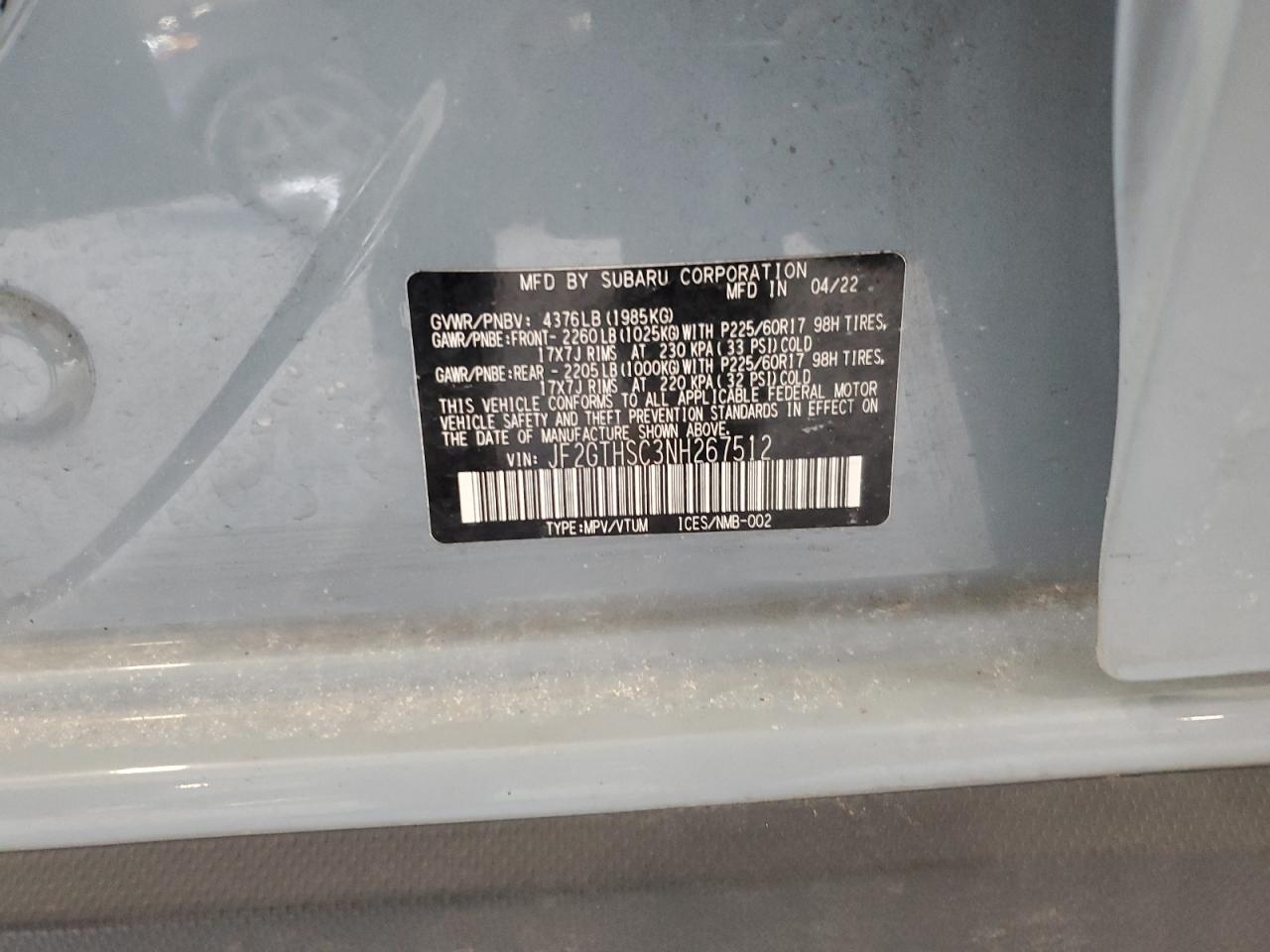 2022 SUBARU CROSSTREK SPORT VIN:JF2GTHSC3NH267512