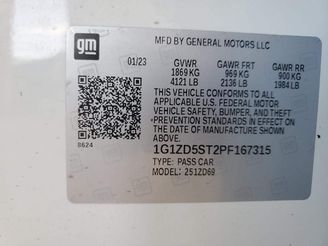 2023 CHEVROLET MALIBU LT VIN:1G1ZD5ST2PF167315