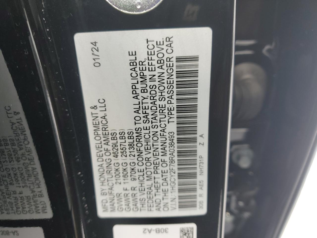 2024 HONDA ACCORD HYBRID SPORT-L VIN:1HGCY2F78RA038493