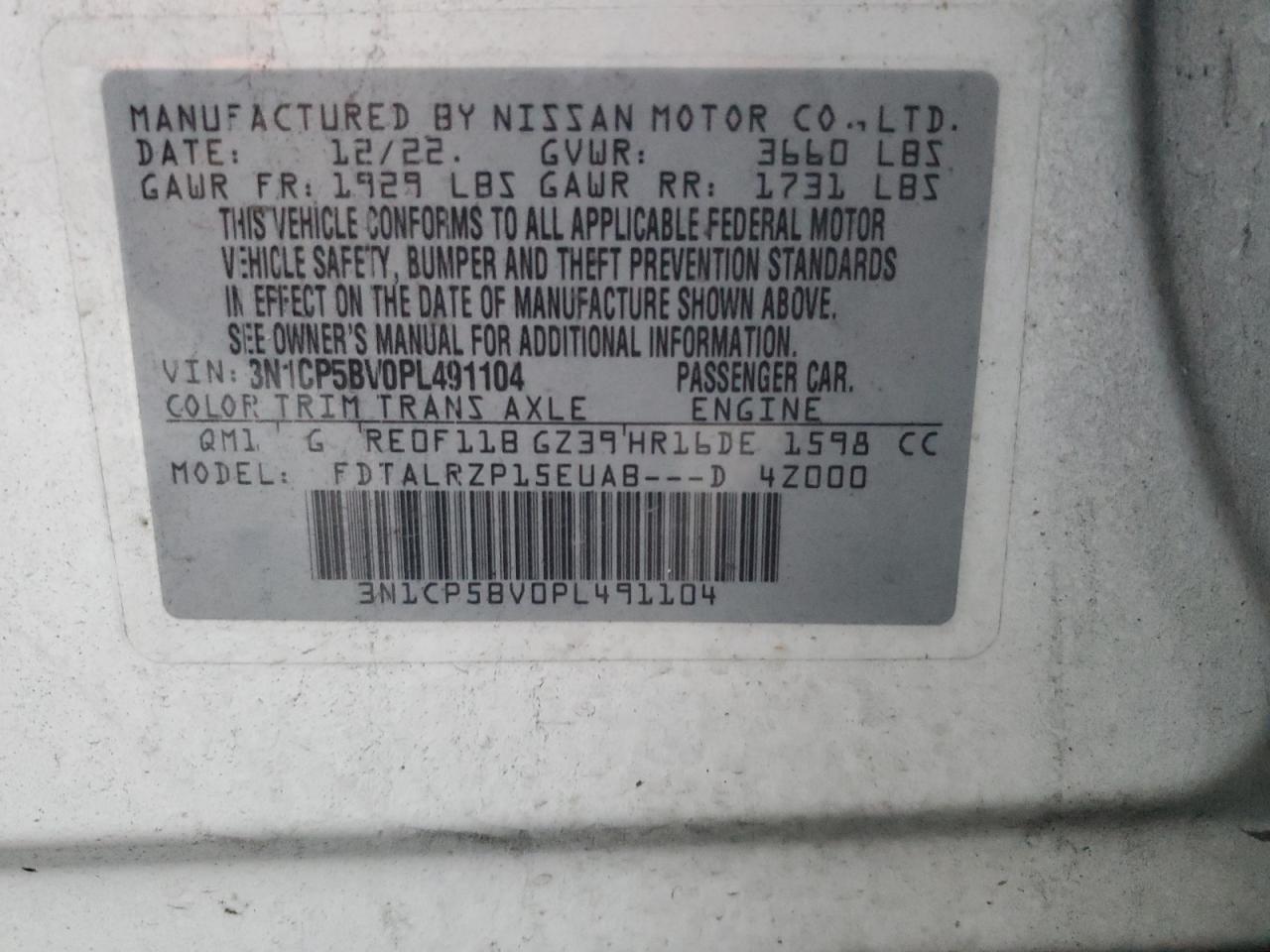 2023 NISSAN KICKS S VIN:1FM5K7B86DGB52787