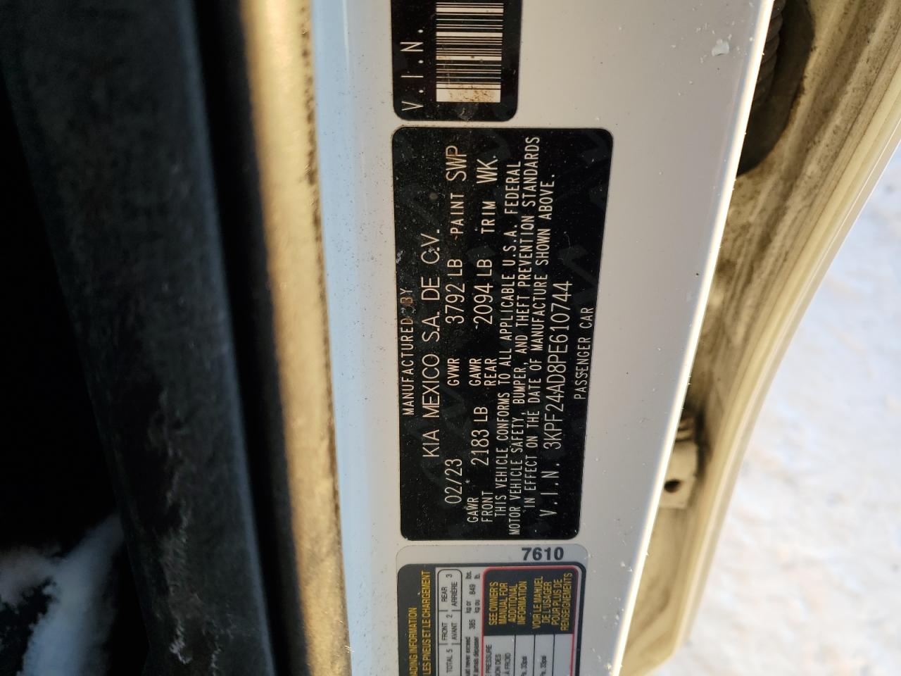 2023 KIA FORTE LX VIN:3KPF24AD8PE610744