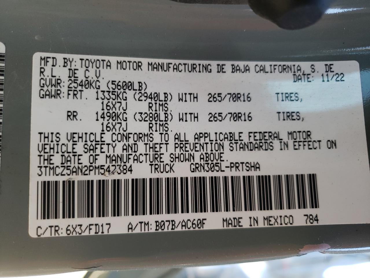 2023 TOYOTA TACOMA DOUBLE CAB VIN:3TMCZ5AN2PM547384