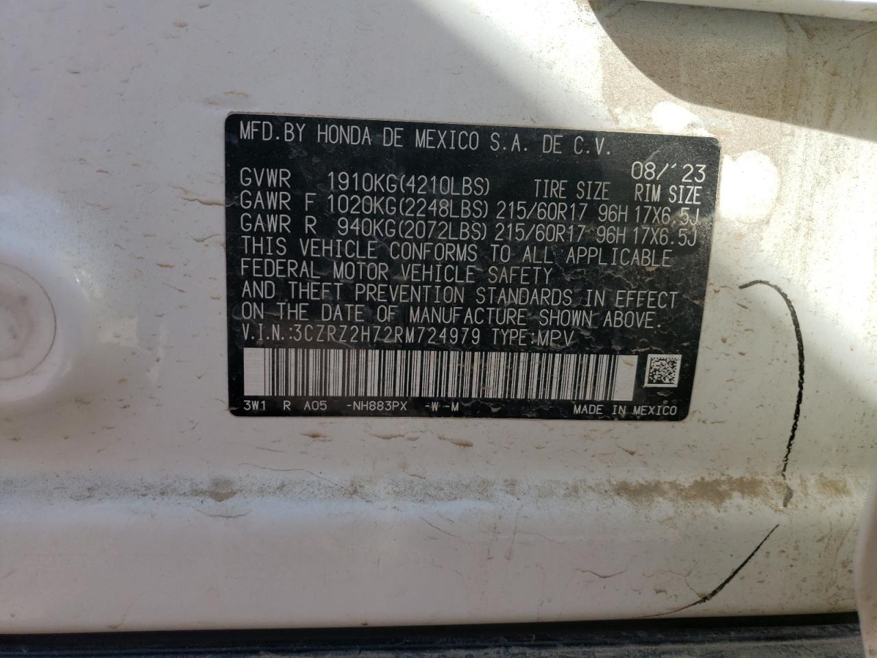 2024 HONDA HR-V EXL VIN:3CZRZ2H72RM724979