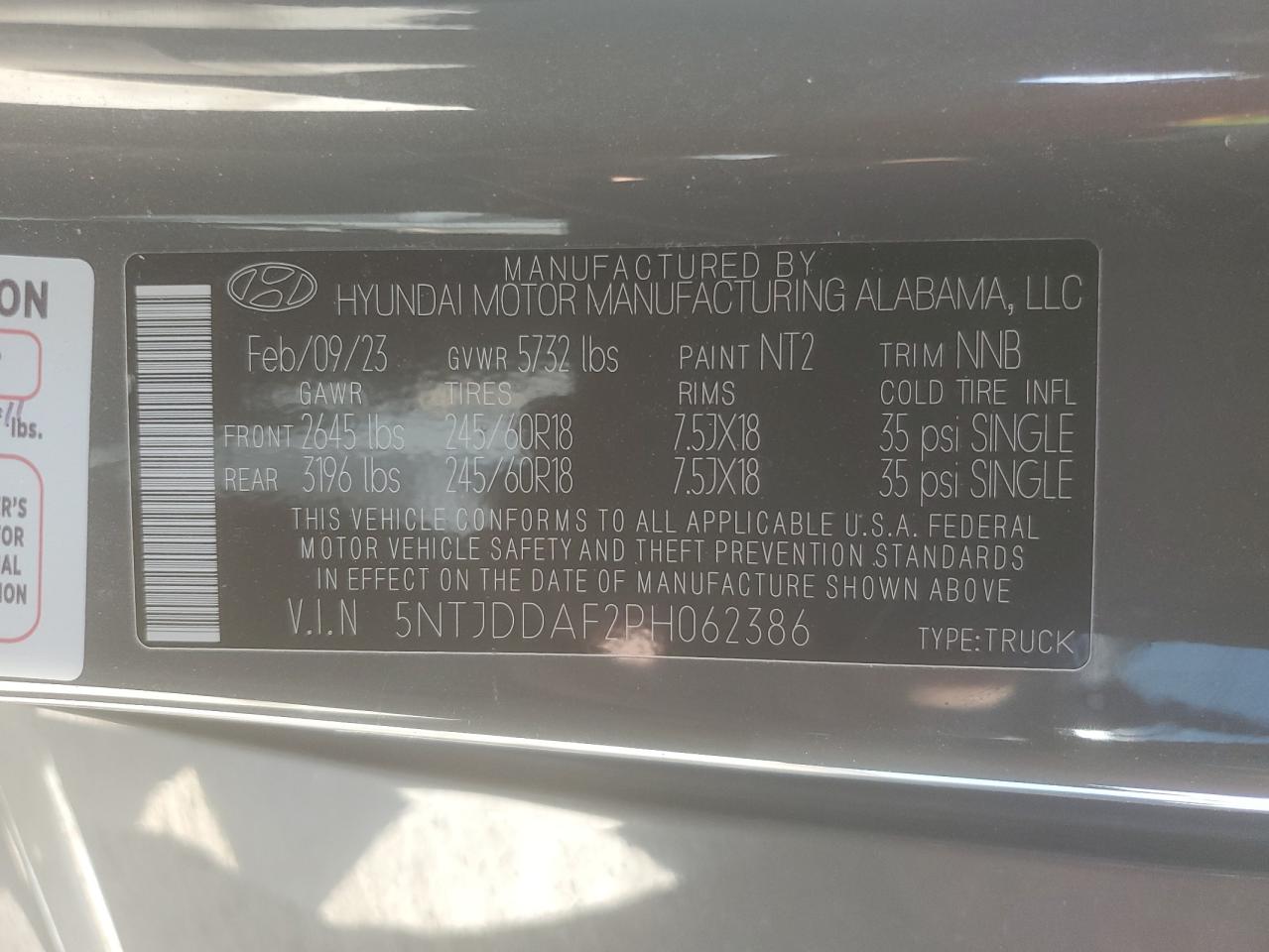 2023 HYUNDAI SANTA CRUZ SEL PREMIUM VIN:5NTJDDAF2PH062386