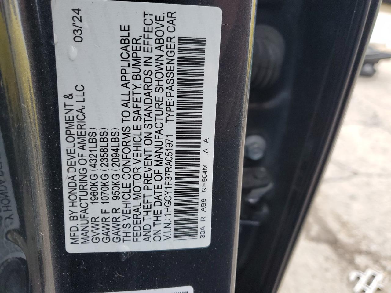 2024 HONDA ACCORD EX VIN:1HGCY1F37RA051971