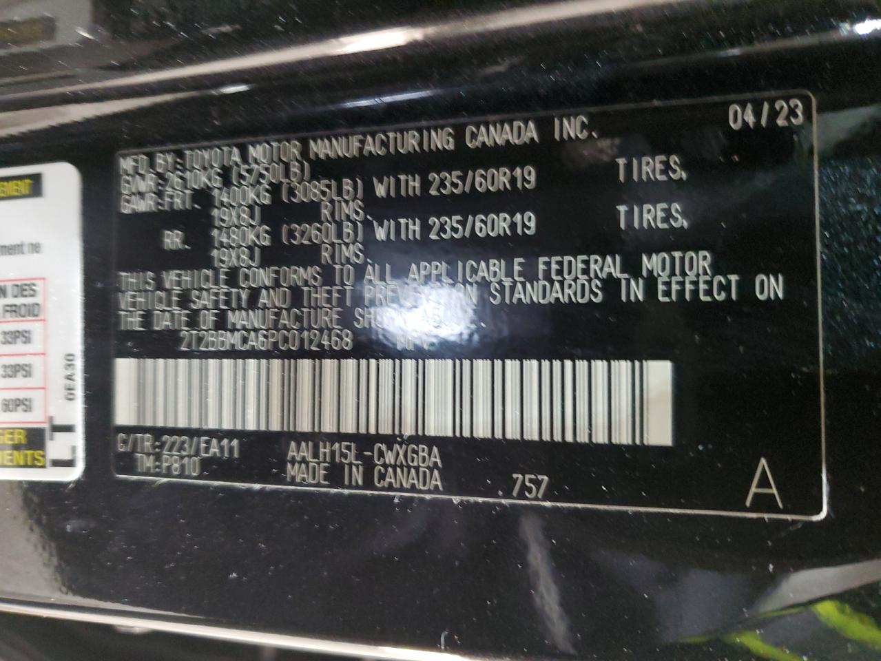 2023 LEXUS RX 350H BASE VIN:2T2BBMCA6PC012468