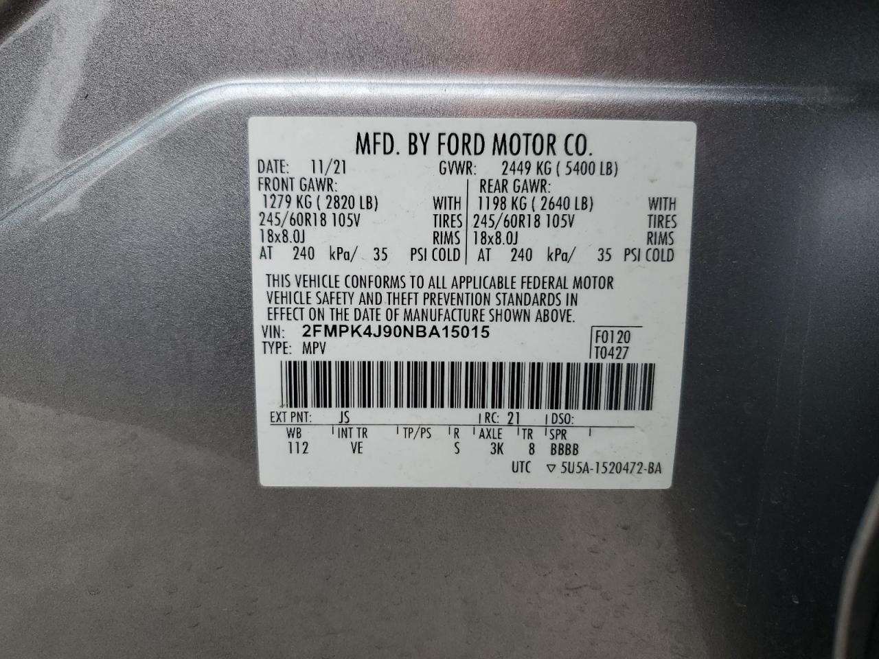 2022 FORD EDGE SEL VIN:2FMPK4J90NBA15015