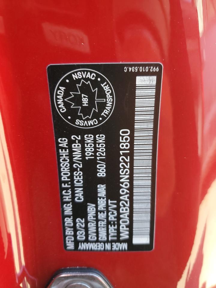 2022 PORSCHE 911 CARRERA S VIN:WP0AB2A96NS221850