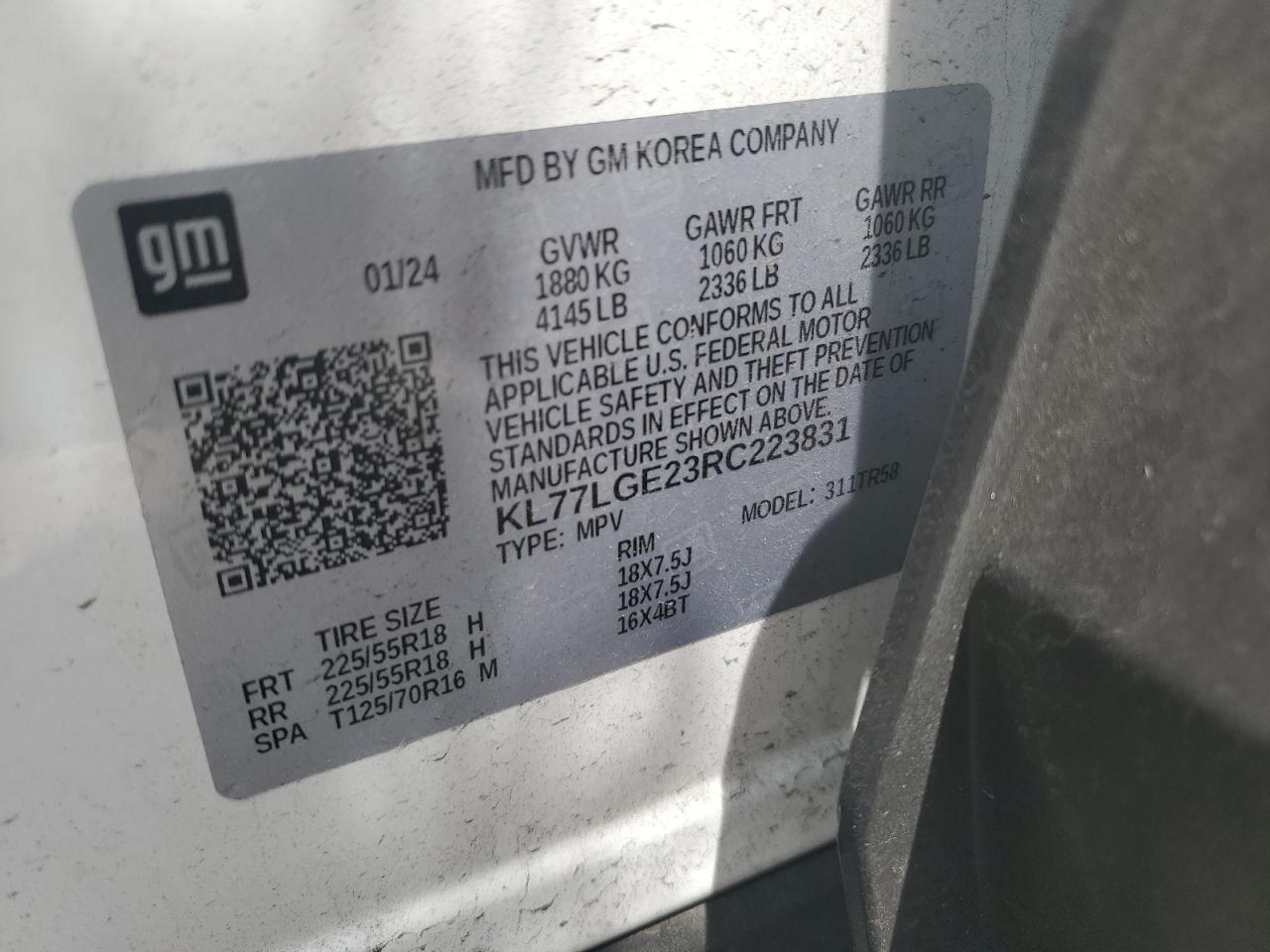 2024 CHEVROLET TRAX 1RS VIN:KL77LGE23RC223831