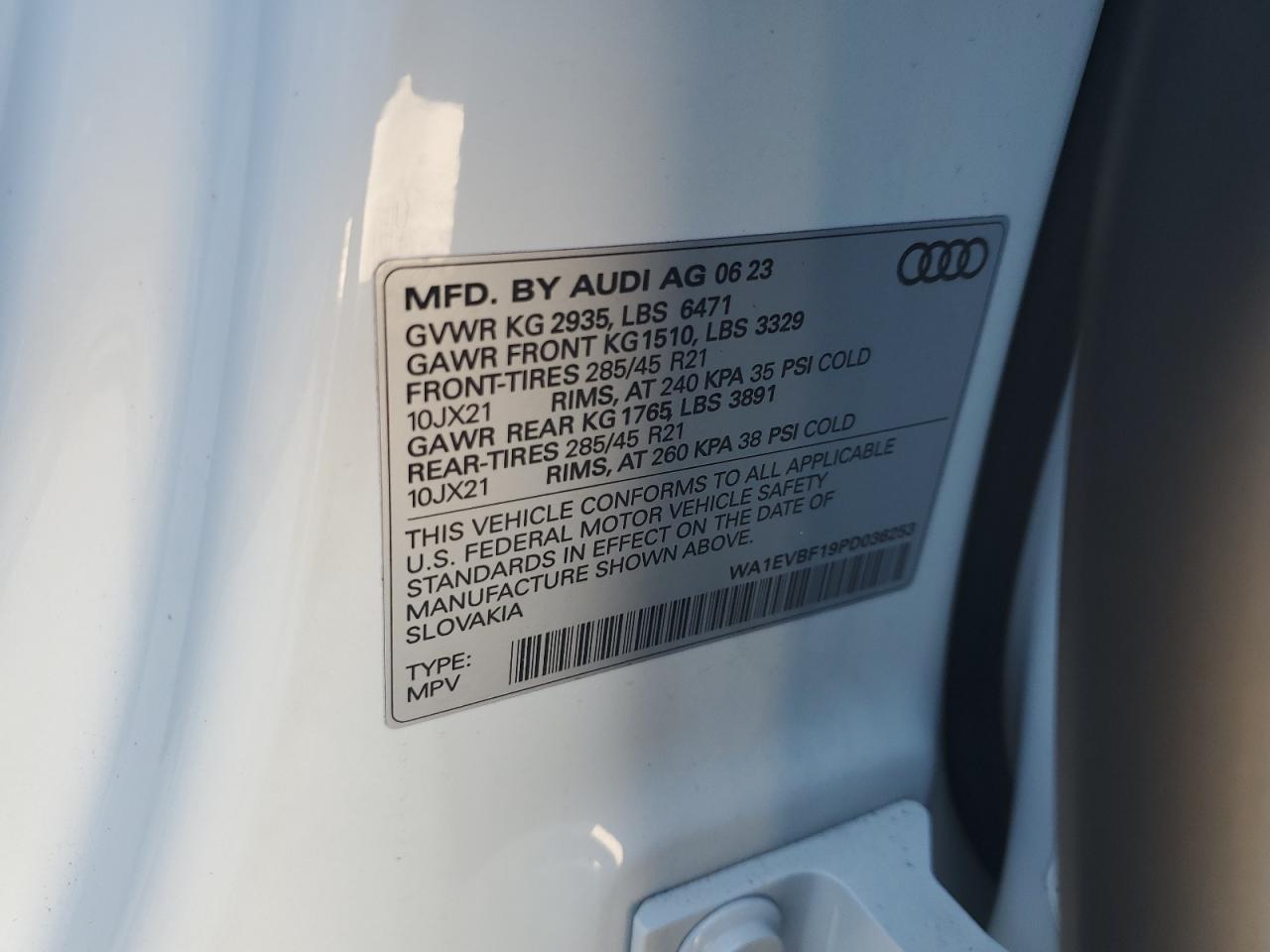 2023 AUDI Q8 PREMIUM PLUS S-LINE VIN:WA1EVBF19PD036253