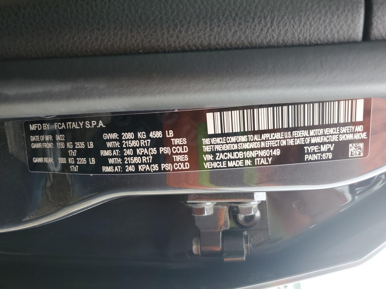 2022 JEEP RENEGADE LATITUDE VIN:ZACNJDB16NPN60149