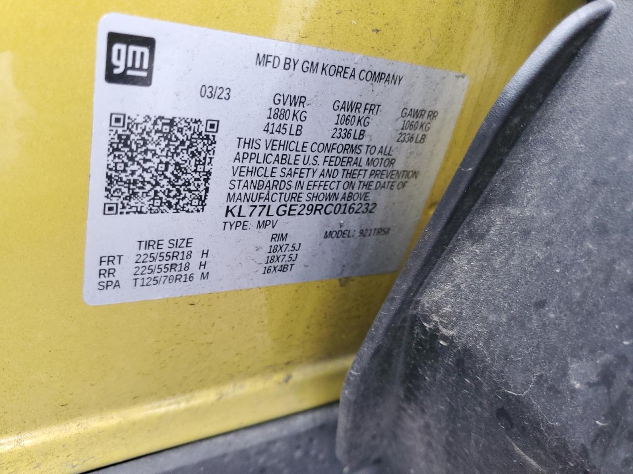 2024 CHEVROLET TRAX 1RS VIN:KL77LGE29RC016232