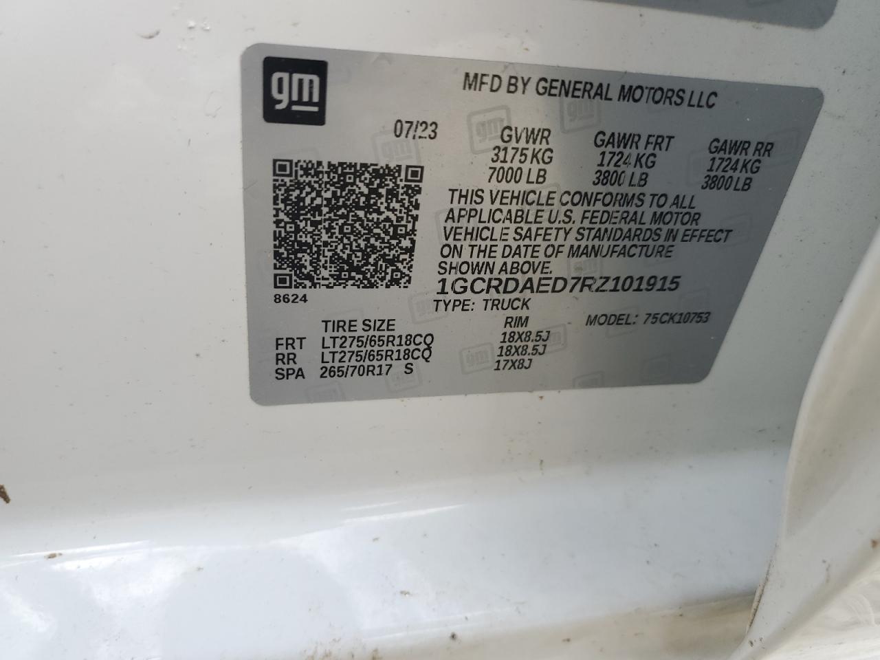 2024 CHEVROLET SILVERADO K1500 VIN:1GCRDAED7RZ101915