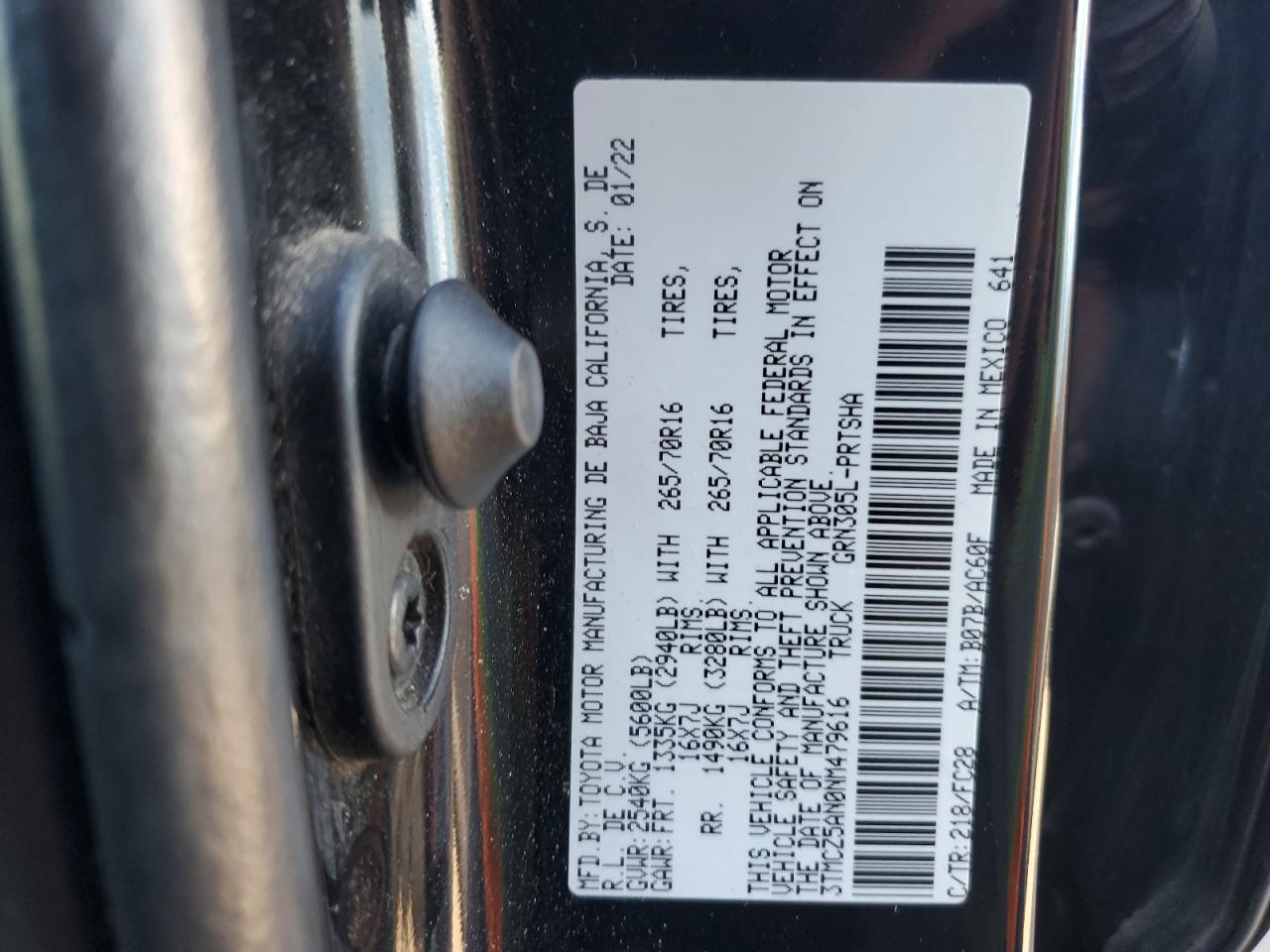 2022 TOYOTA TACOMA DOUBLE CAB VIN:3TMCZ5AN0NM479616