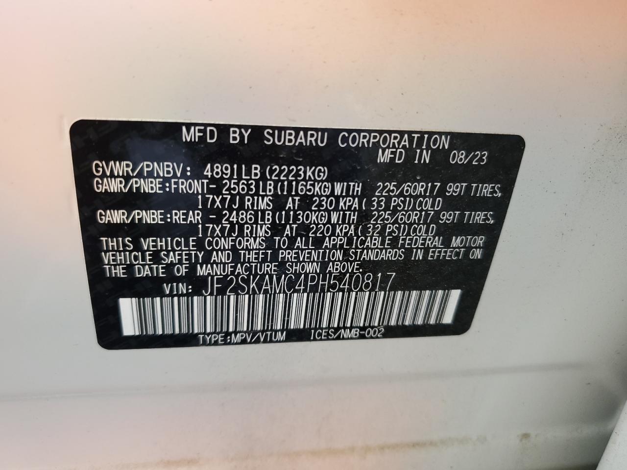 2023 SUBARU FORESTER WILDERNESS VIN:JF2SKAMC4PH540817