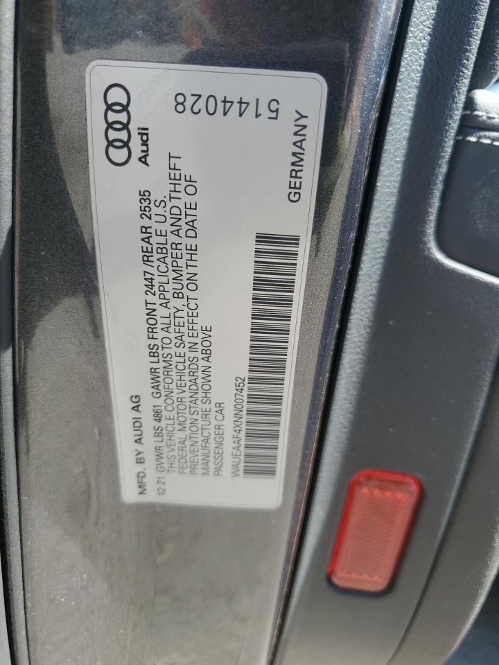 2022 AUDI A4 PREMIUM PLUS 45 VIN:WAUEAAF4XNN007452