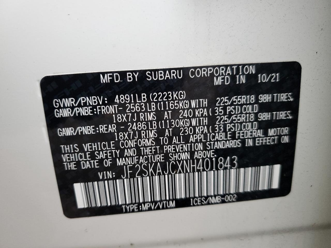 2022 SUBARU FORESTER SPORT VIN:JF2SKAJCXNH401843