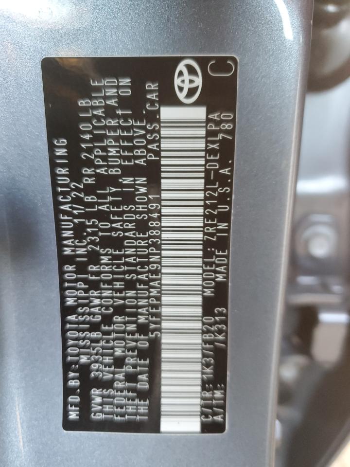 2022 TOYOTA COROLLA LE VIN:5YFEPMAE9NP388491