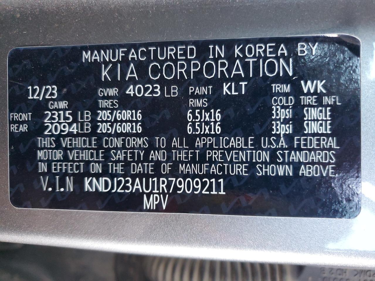 2024 KIA SOUL LX VIN:KNDJ23AU1R7909211