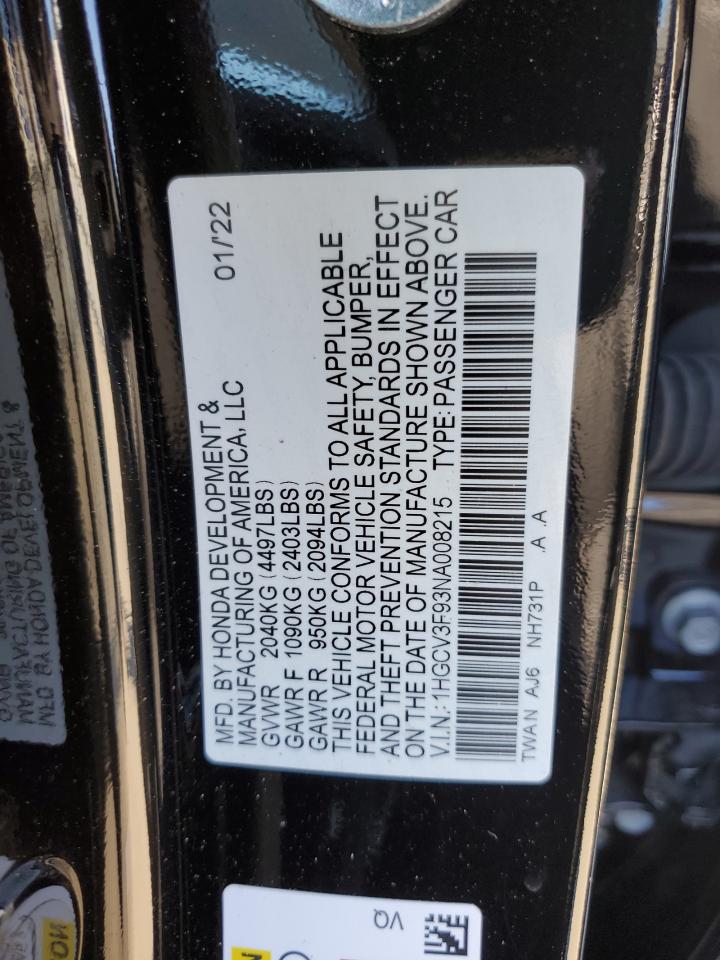 2022 HONDA ACCORD TOURING HYBRID VIN:1HGCV3F93NA008215
