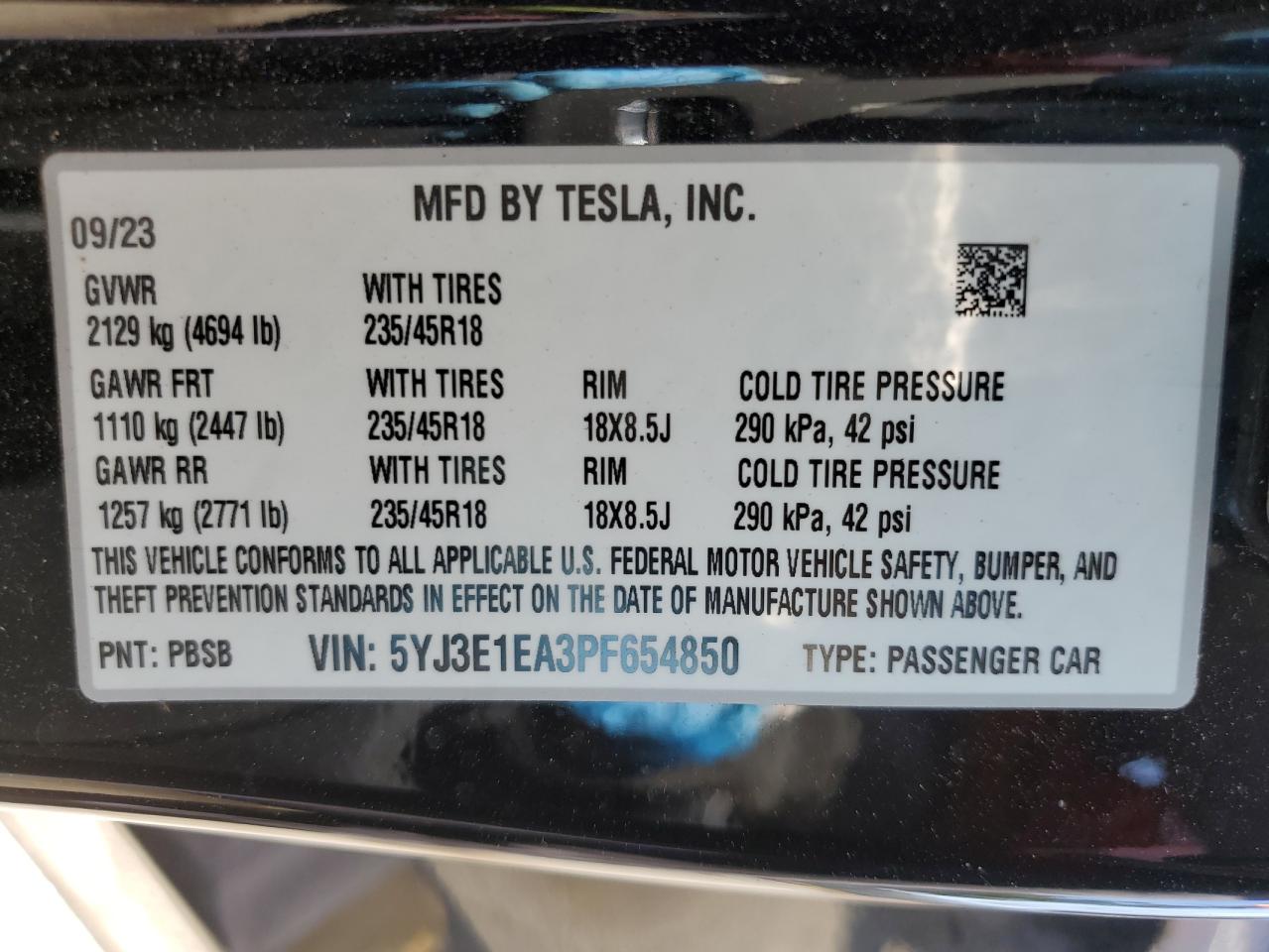 2023 TESLA MODEL 3  VIN:5YJ3E1EA3PF654850