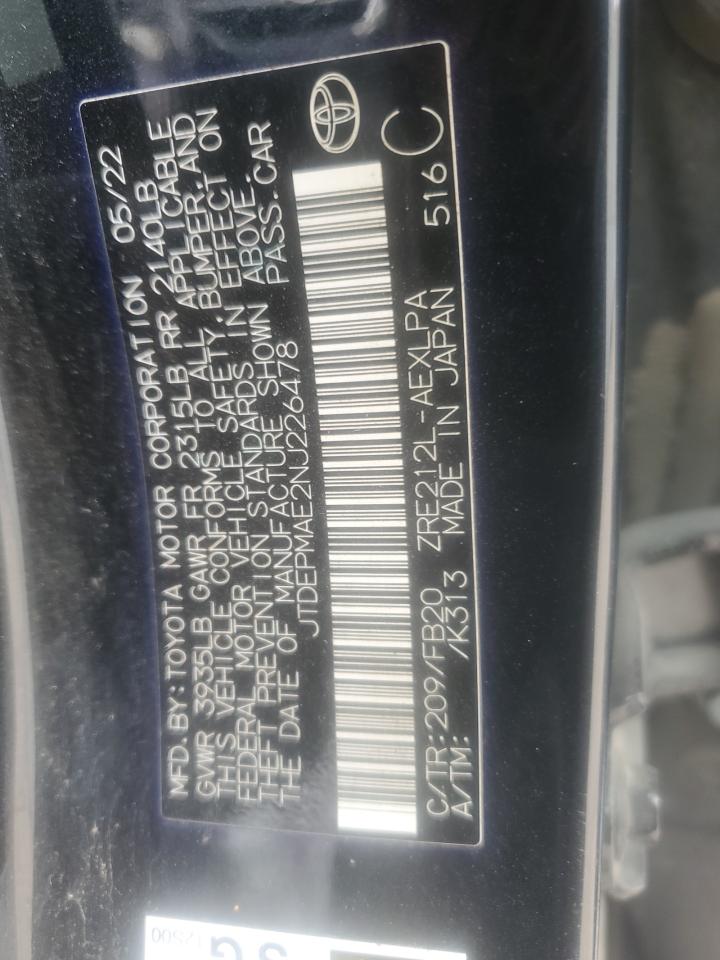 2022 TOYOTA COROLLA LE VIN:JTDEPMAE2NJ226478