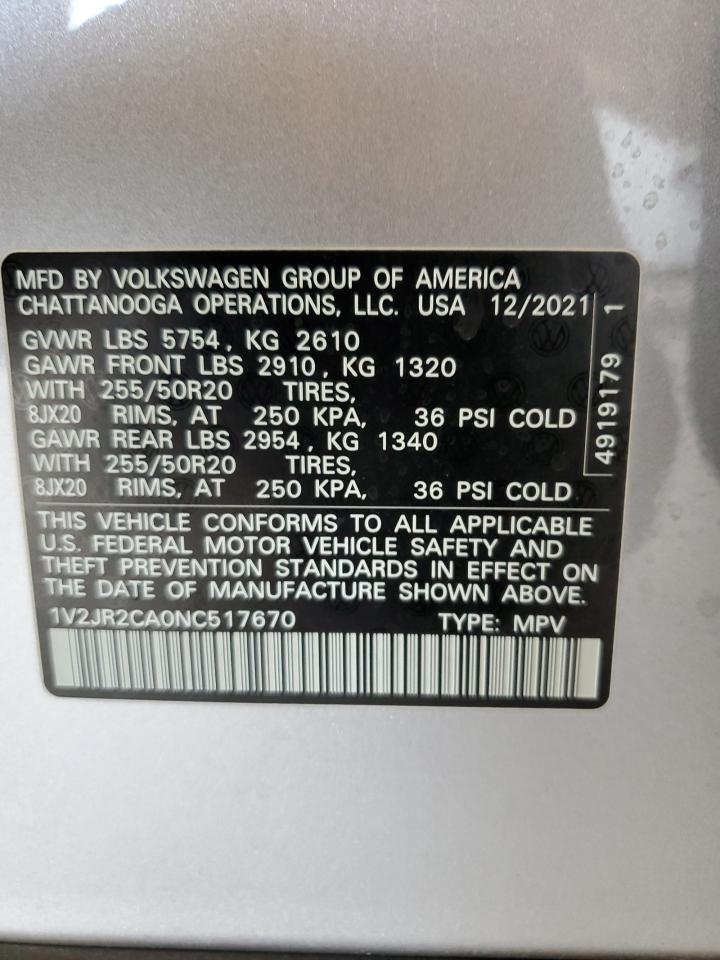 2022 VOLKSWAGEN ATLAS SE VIN:1V2JR2CA0NC517670