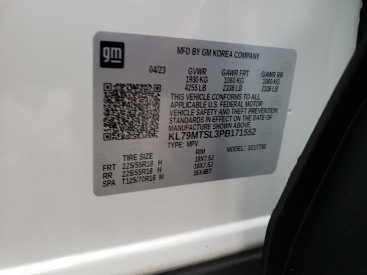 2023 CHEVROLET TRAILBLAZER RS VIN:KL79MTSL3PB171552