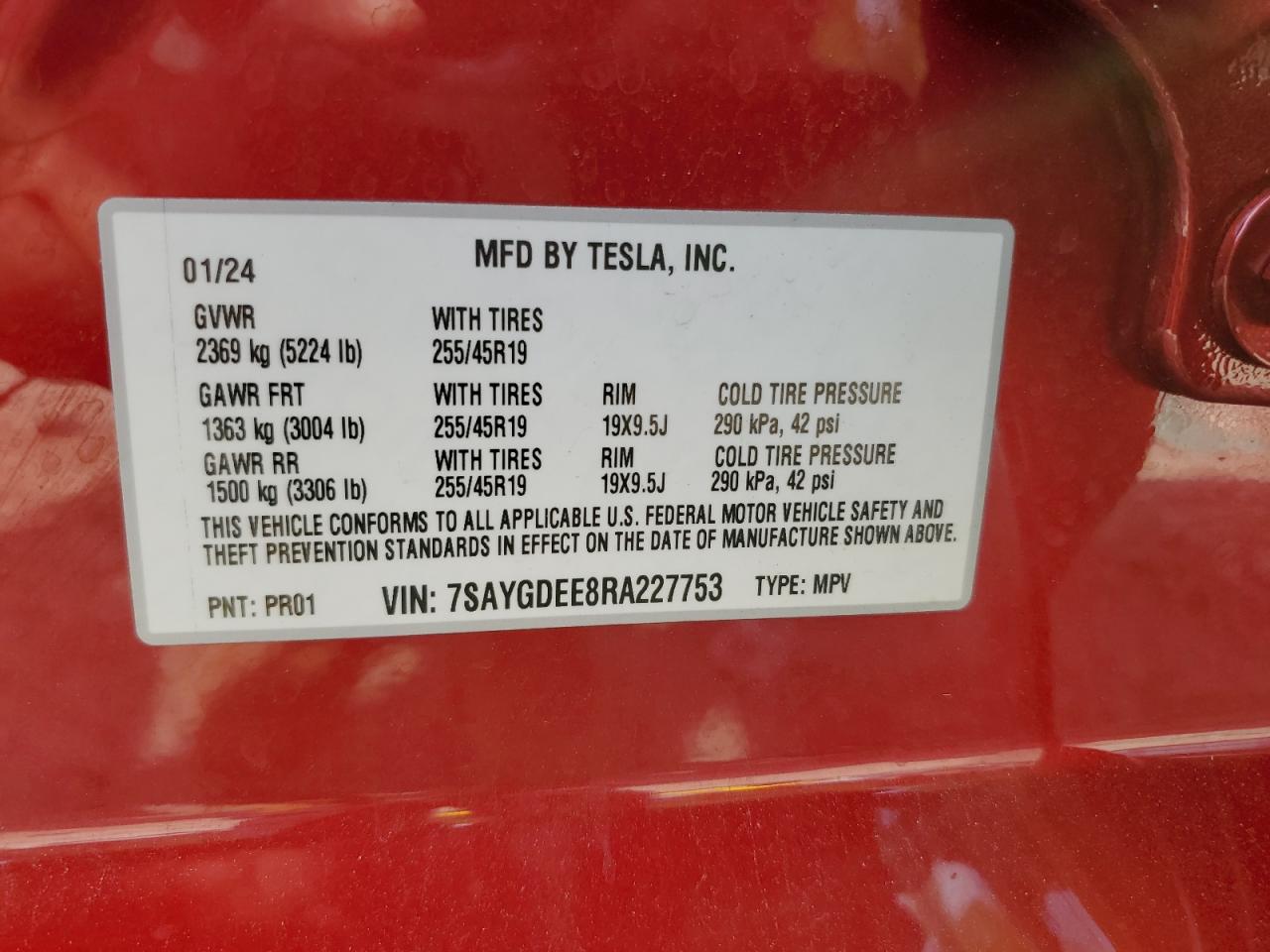 2024 TESLA MODEL Y  VIN:7SAYGDEE8RA227753