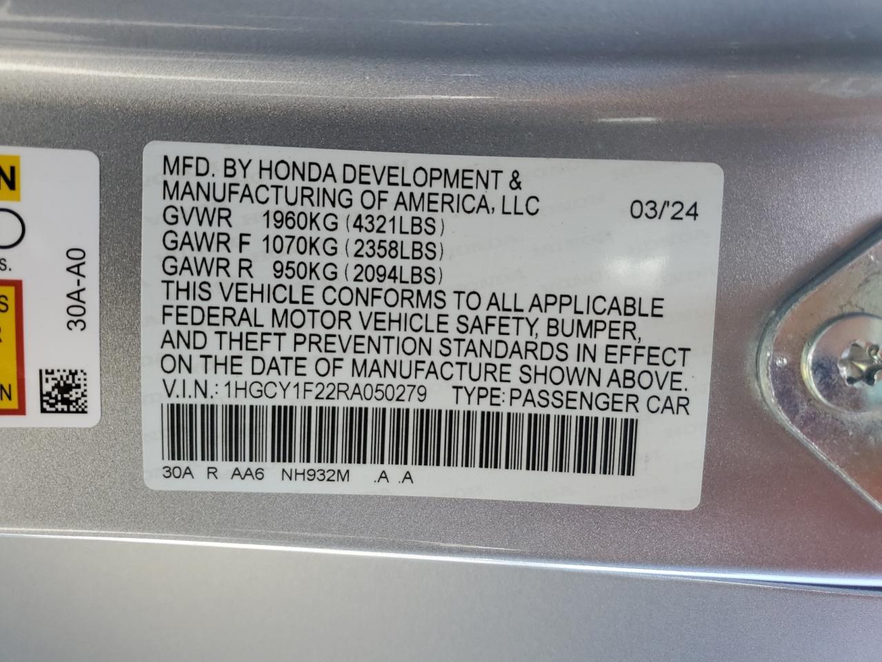 2024 HONDA ACCORD LX VIN:1HGCY1F22RA050279