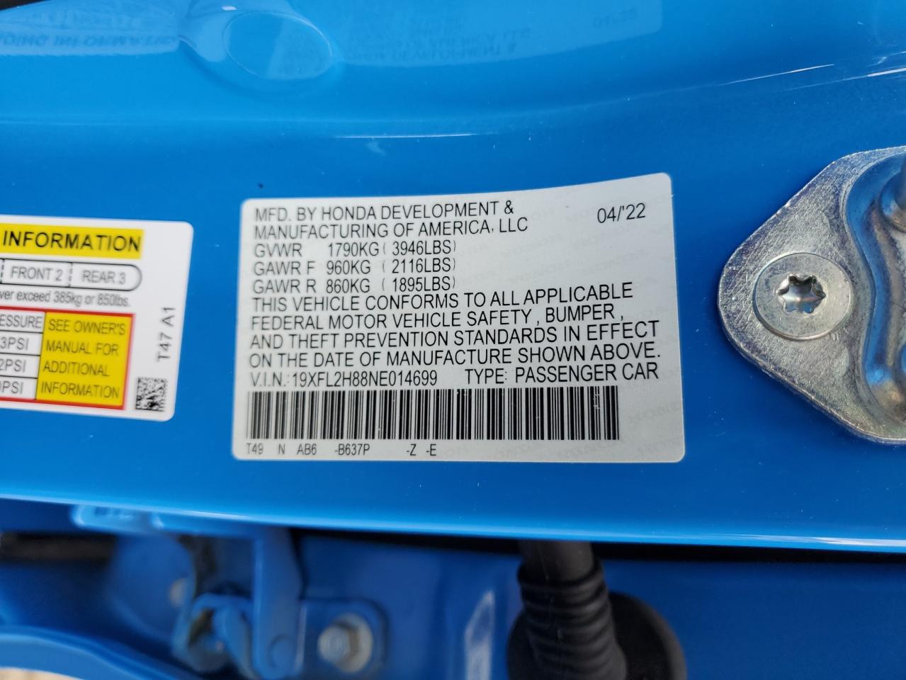 2022 HONDA CIVIC SPORT VIN:19XFL2H88NE014699