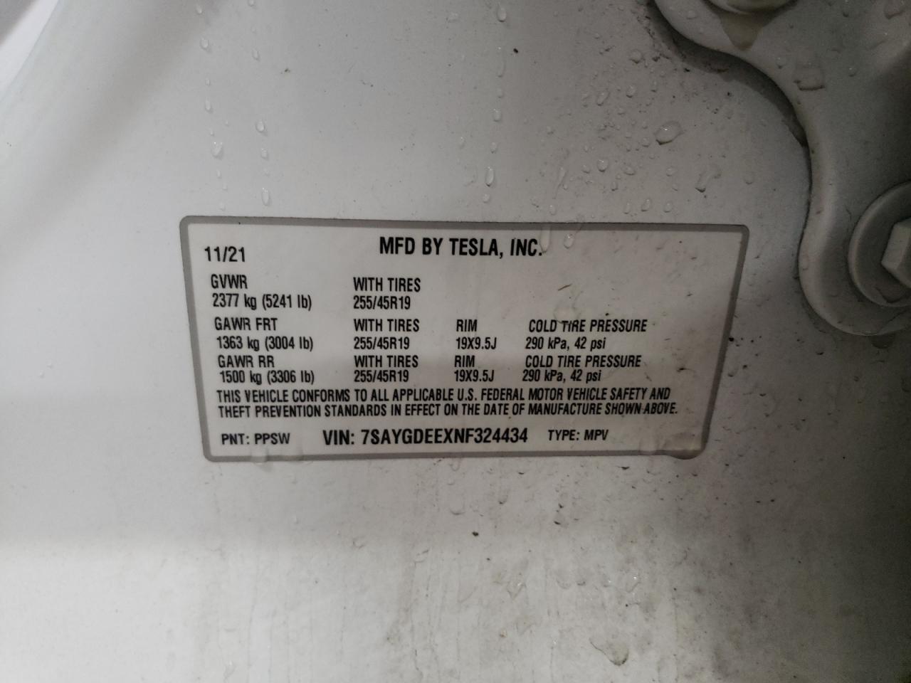 2022 TESLA MODEL Y  VIN:7SAYGDEEXNF324434