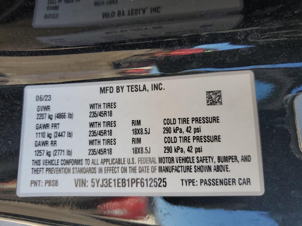 2023 TESLA MODEL 3  VIN:5YJ3E1EB1PF612525