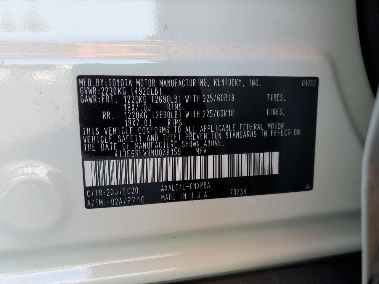 2022 TOYOTA RAV4 XSE VIN:4T3E6RFV9NU078159