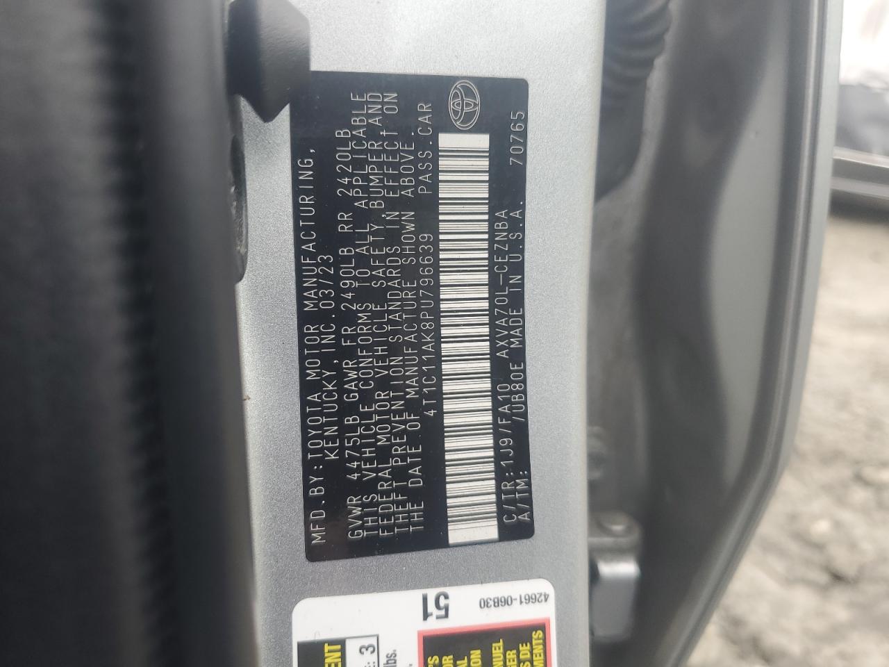 2023 TOYOTA CAMRY LE VIN:4T1C11AK8PU796639