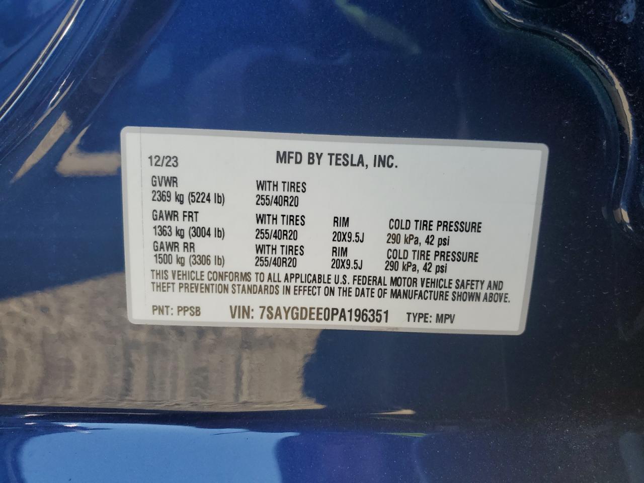 2023 TESLA MODEL Y  VIN:7SAYGDEE0PA196351