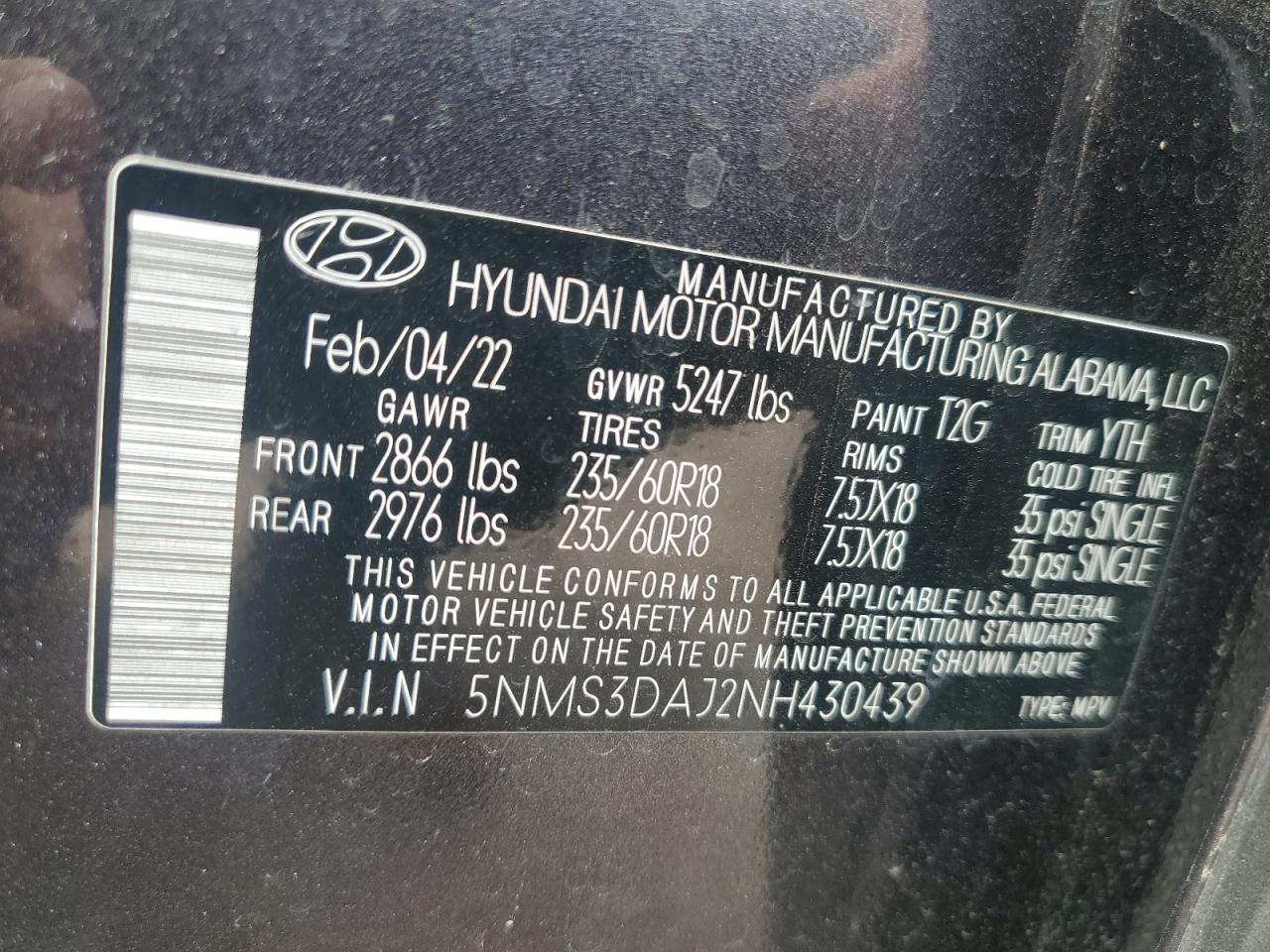 2022 HYUNDAI SANTA FE SEL VIN:5NMS3DAJ2NH430439