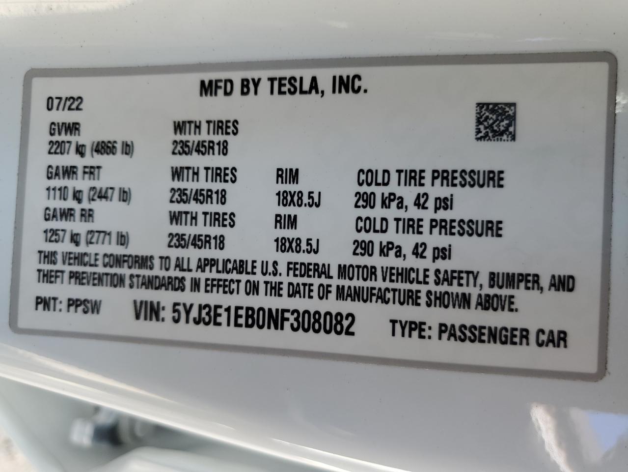 2022 TESLA MODEL 3  VIN:5YJ3E1EB0NF308082