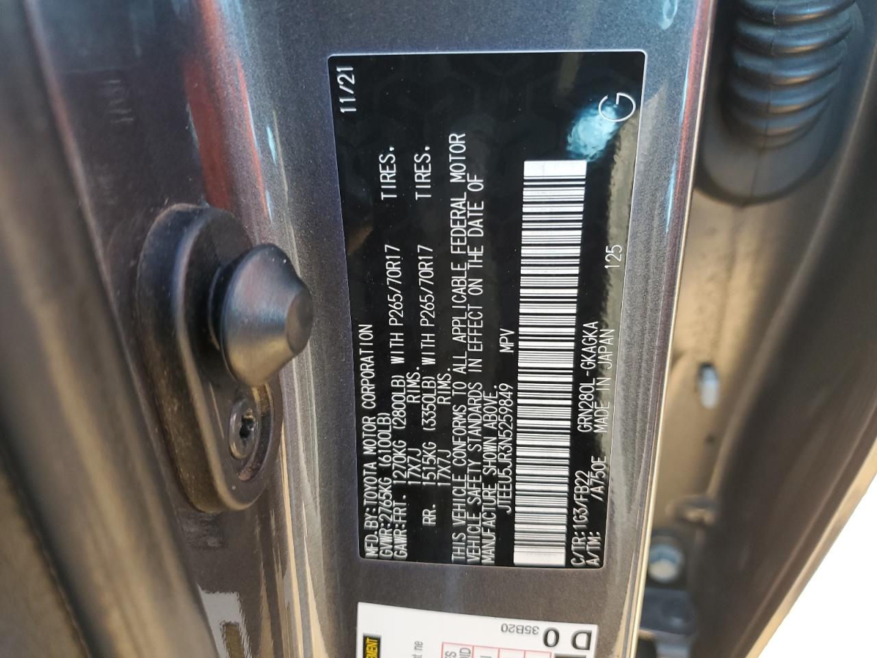 2022 TOYOTA 4RUNNER SR5 VIN:JTEEU5JR3N5259849