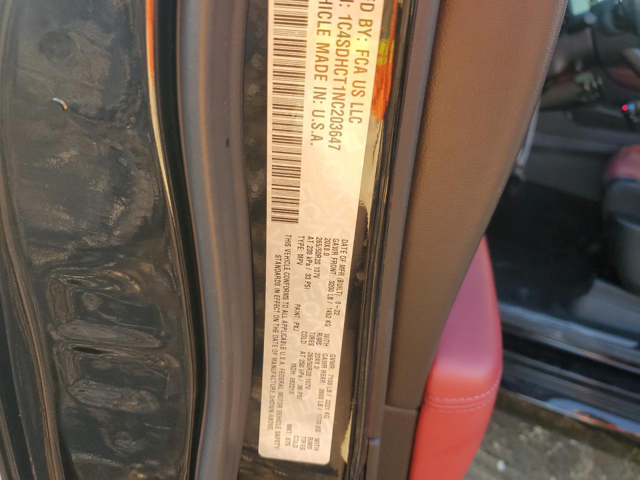 2022 DODGE DURANGO R/T VIN:1C4SDHCT1NC203647