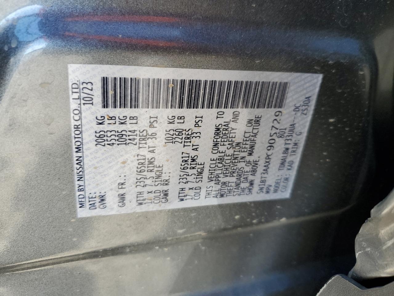 2023 NISSAN ROGUE S VIN:5N1BT3AAXPC905729