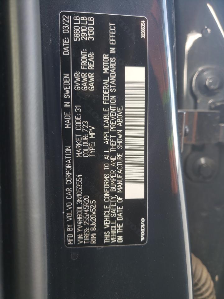2022 VOLVO XC60 T8 RECHARGE INSCRIPTION VIN:YV4H60DL3N1053554