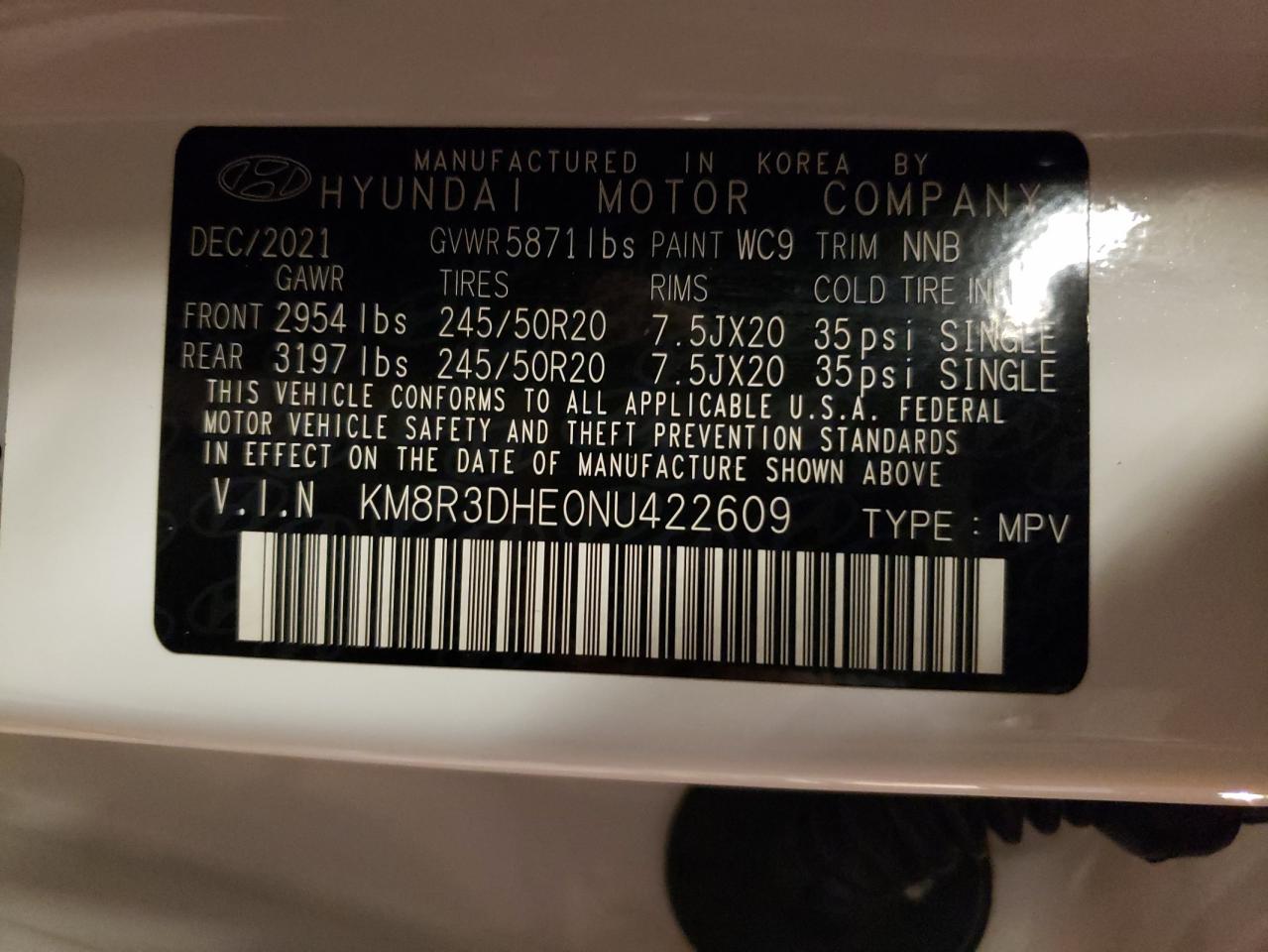 2022 HYUNDAI PALISADE SEL VIN:KM8R3DHE0NU422609