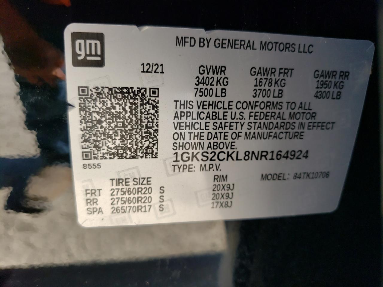 2022 GMC YUKON AT4 VIN:1GKS2CKL8NR164924