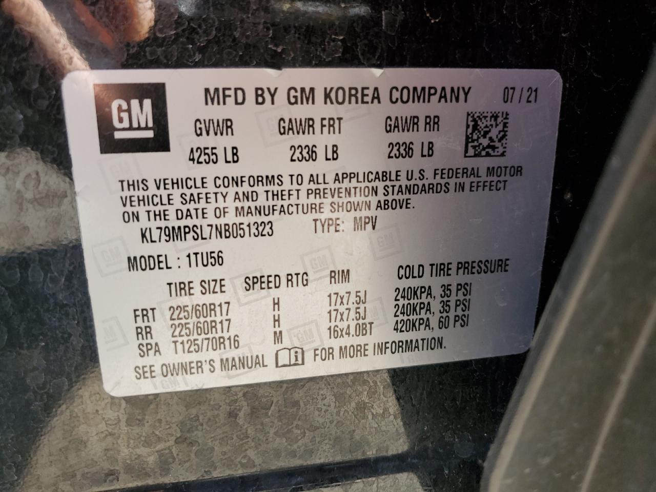 2022 CHEVROLET TRAILBLAZER LT VIN:KL79MPSL7NB051323