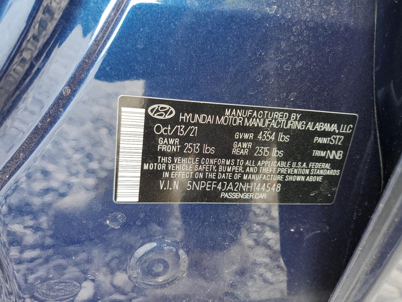 2022 HYUNDAI SONATA SEL VIN:5NPEF4JA2NH144548